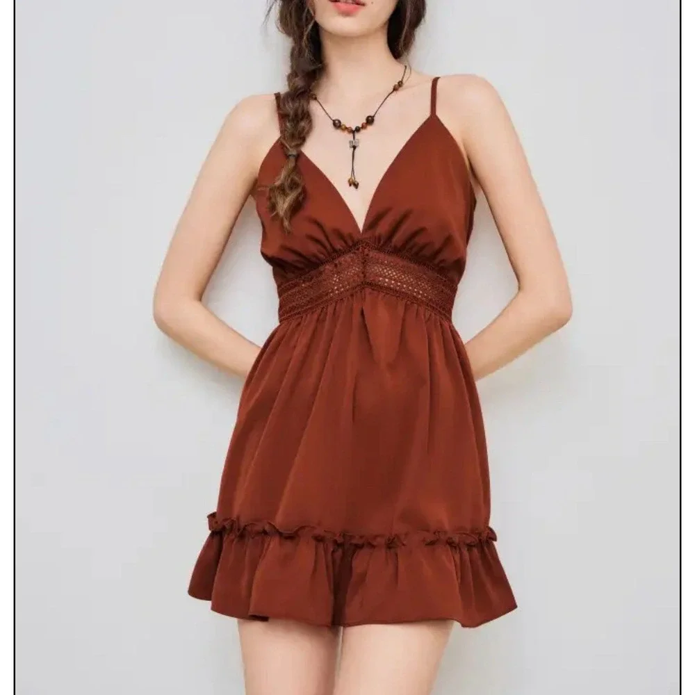 Cider Hollow Out Mini Dress Size Small Baby Doll Ruffle Burnt Orange - Picture 1 of 5